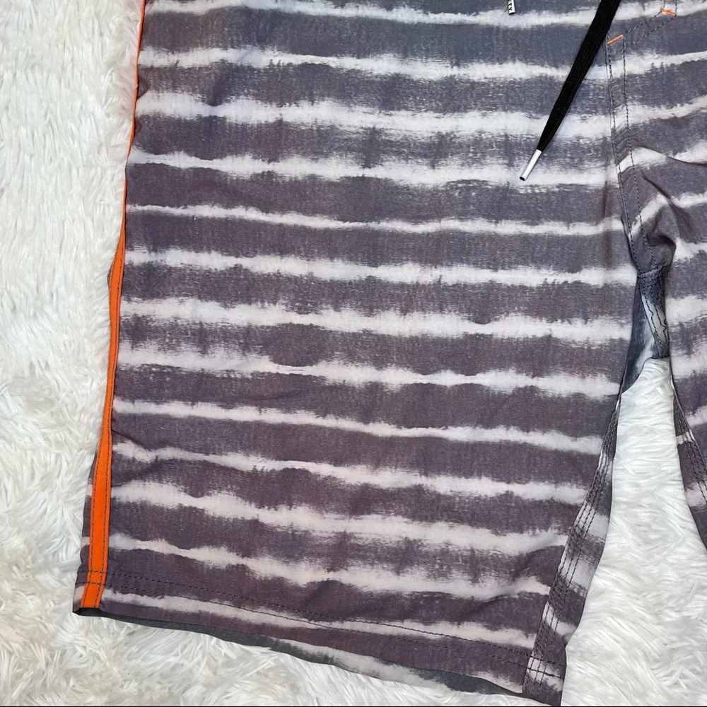 SOCIETY Of The Sun Men’s Orange Gray Striped Swim Board Shorts 36